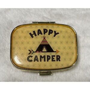Natural Life Happy Camper Pillbox Small Pill Case Boho Travel Easy Open Retro